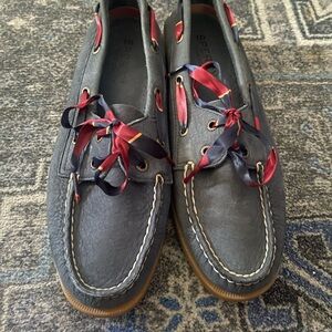 Navy Sperry Boat Shoes with Red and Blue Laces